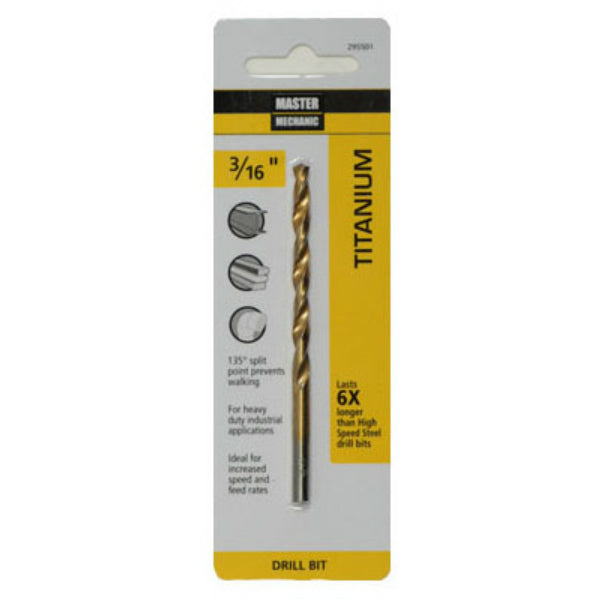 Master Mechanic 295501 Titanium Coated Drill Bit, Straight Shank, 3/16" x 3-1/2"