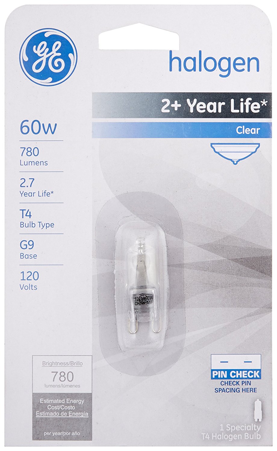 GE Lighting 16756 Single-Ended G9 Base T4 Quartz Halogen Bulb, 60W, 120V