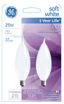 GE Lighting 66105 25W Decorative Candle Bulb, CA10, E12 Candelabra Base, Frosted, 2-Pack