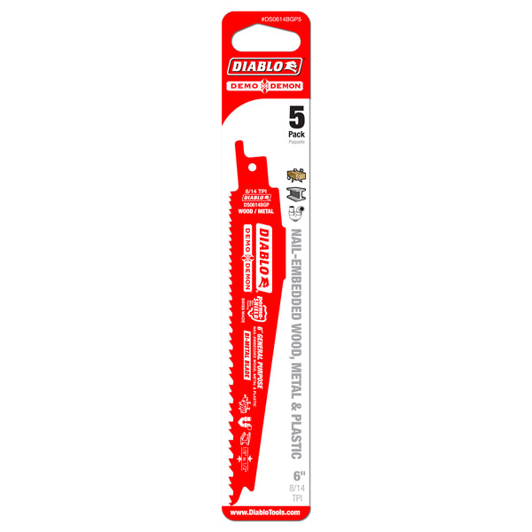 Diablo DS0614BGP5 Demo Demon Bi-Metal Recip Saw Blade, 6" x 8/14 TPI, 2-Pack