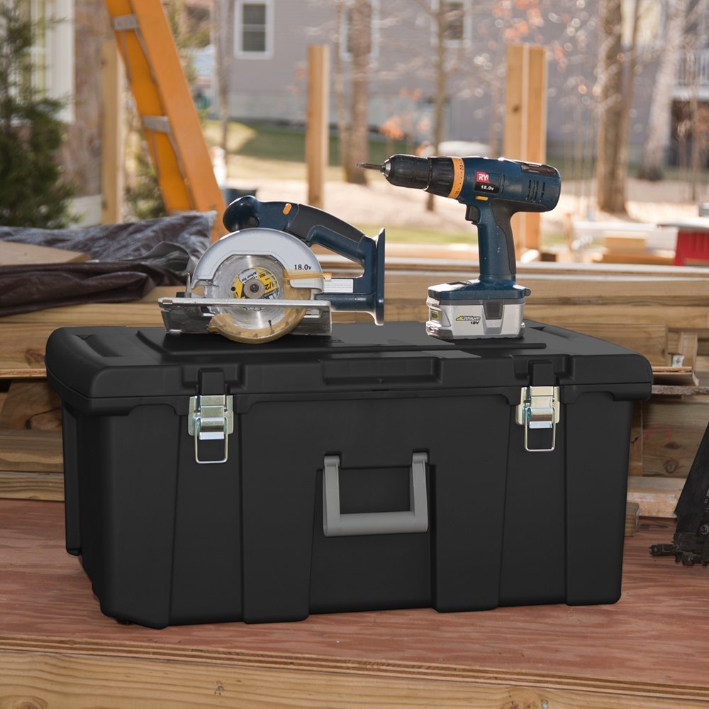 Sterilite 18429001 Footlocker Storage Box, Black w/ Titanium Handle, 92 Qt