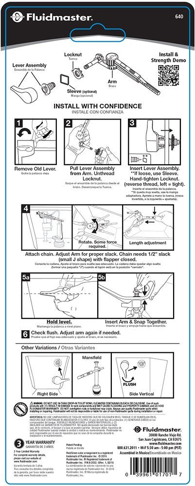 Fluidmaster® 640 Perfect Fit™ Universal Toilet Tank Flush Lever, White