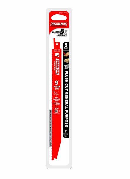 Diablo DS0914AFC5 Flush Cut Bi-Metal Recip Saw Blade, 10/14 TPI, 9", 5-Pack