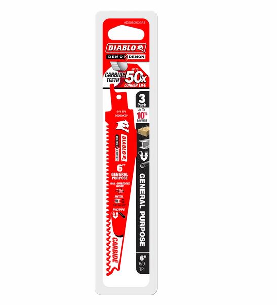 Diablo DS0609CGP3 Demo Demon Carbide General Purpose Recip Saw Blade, 6/9 TPI, 6", 3-Pack