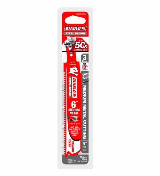 Diablo DS0610CF3 Steel Demon Carbide Recip Blade for Medium Metal Cutting, 10-TPI, 6", 3-Pack