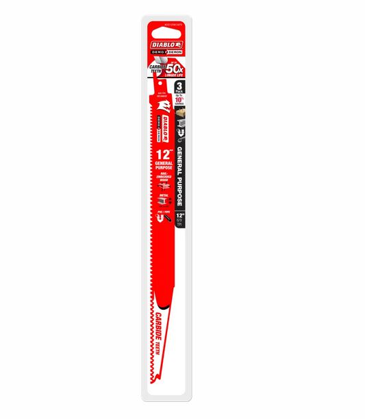 Diablo DS1209CGP3 Demo Demon Carbide General Purpose Recip Saw Blade, 6/9 TPI, 12", 3-Pack