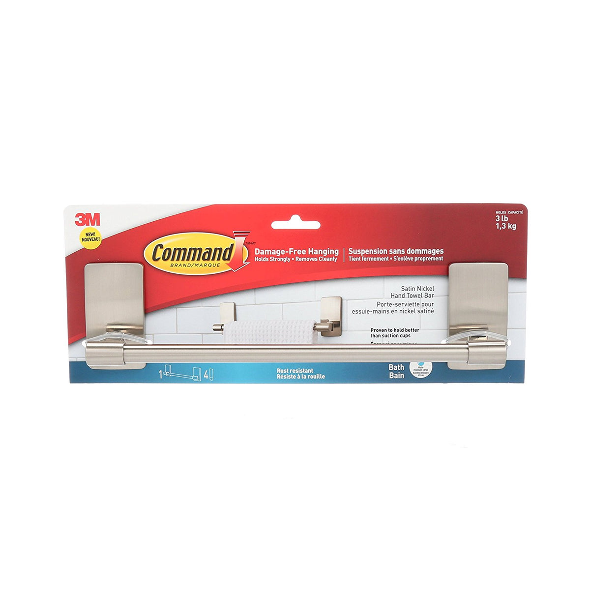 Command BATH41-SN-ES Bath Satin Nickel Hand Towel Bar, 9"