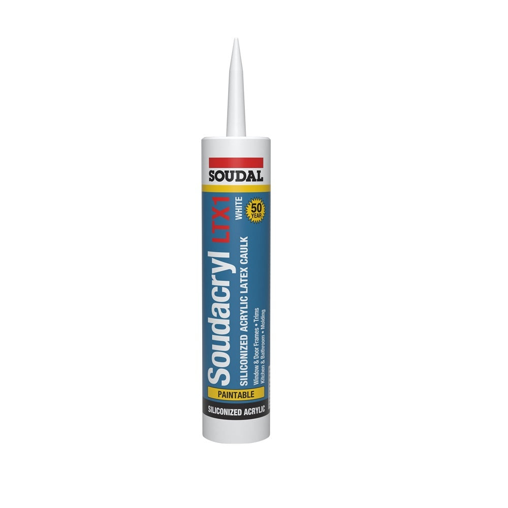 Soudal 146728 Siliconized Acrylic Latex Caulk, White, 10.1 Oz